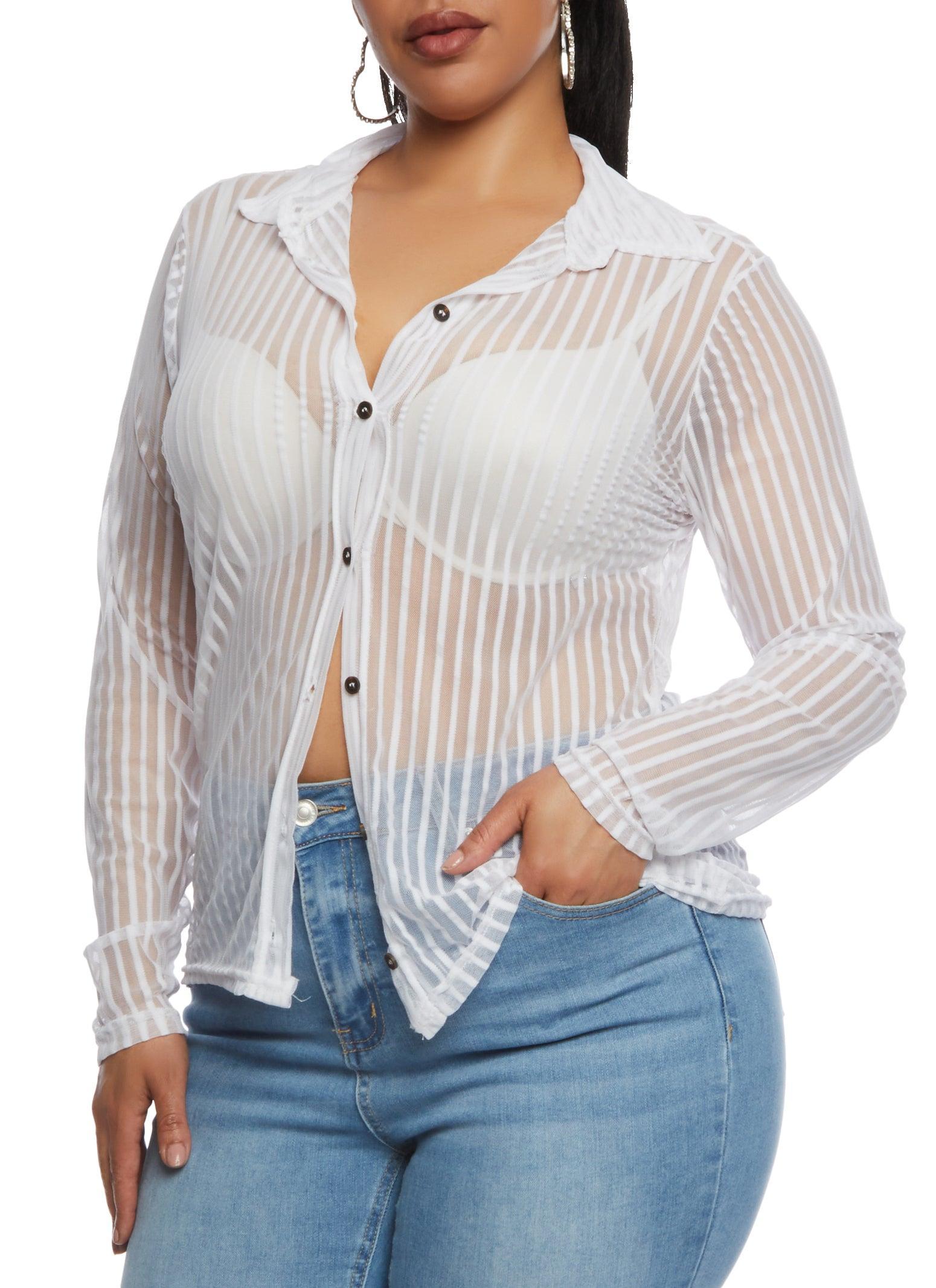 Womens Plus Size Mesh Shadow Striped Shirt Product Image