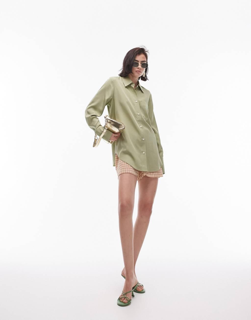 Topshop oversized shirt with contrast buttons in khaki Product Image