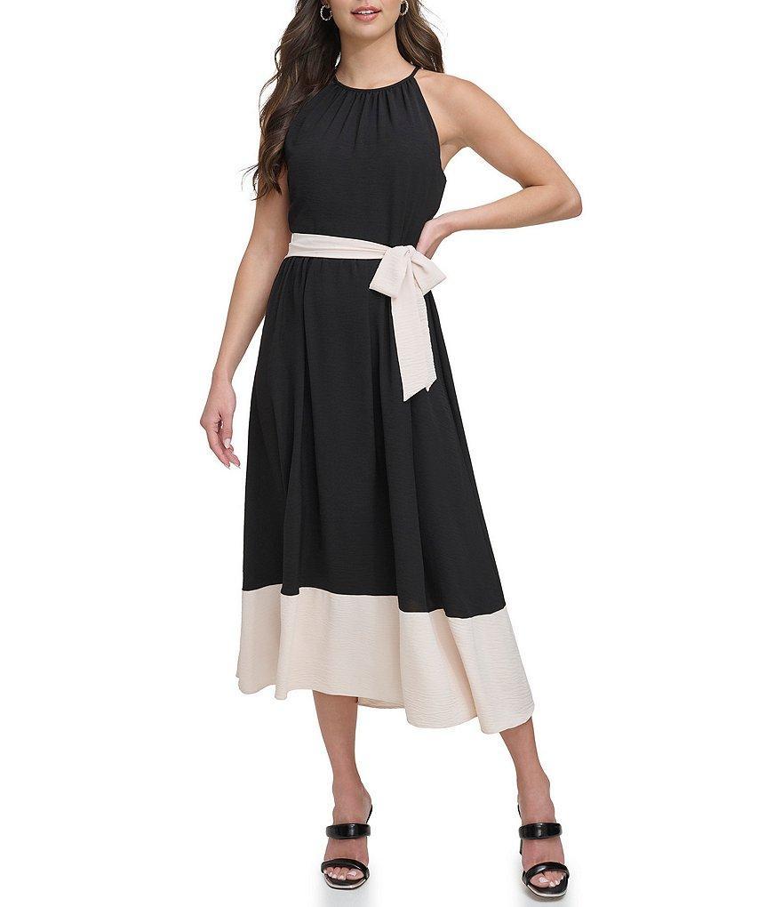 DKNY by Donna Karan Halter Neck Sleeveless Tie Waist Midi Dress Product Image