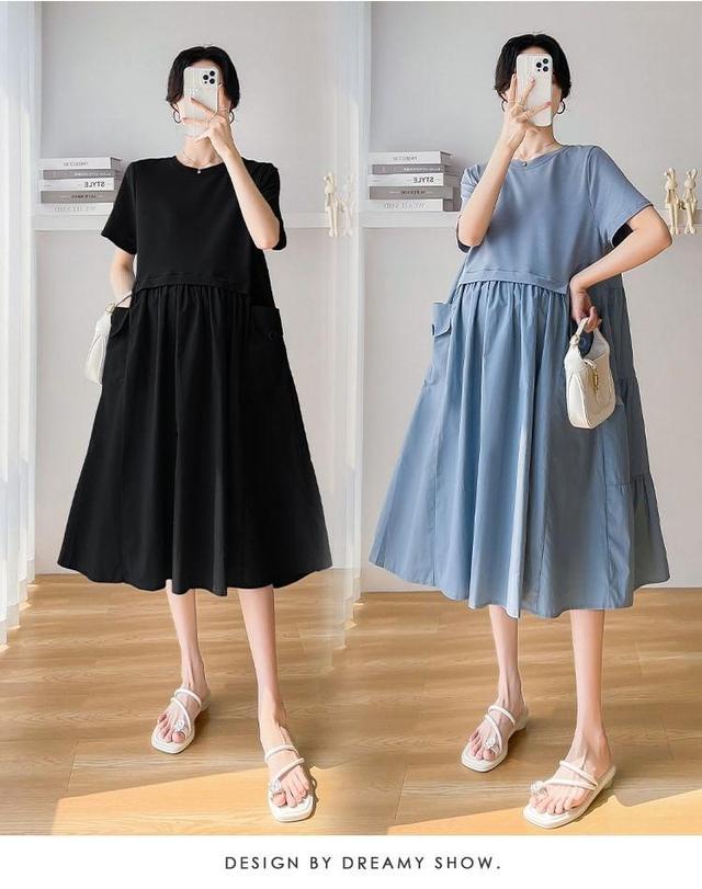 Maternity Short-Sleeve Crewneck Plain Midi A-Line Dress Product Image