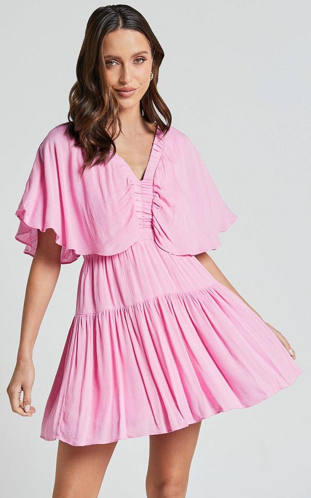 Heidi Mini Dress - Ruffle sleeve Tiered Dress in Pink Product Image