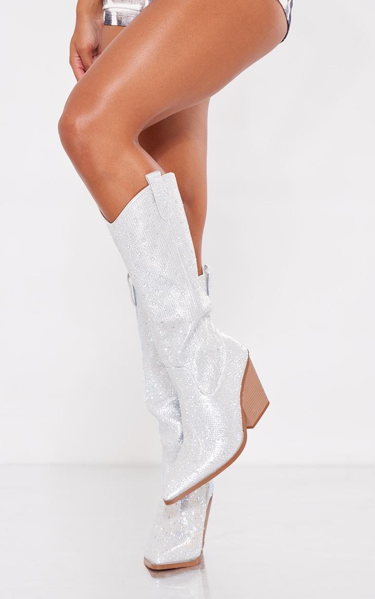 Silver Point Toe Diamante Knee High Western Boots Product Image