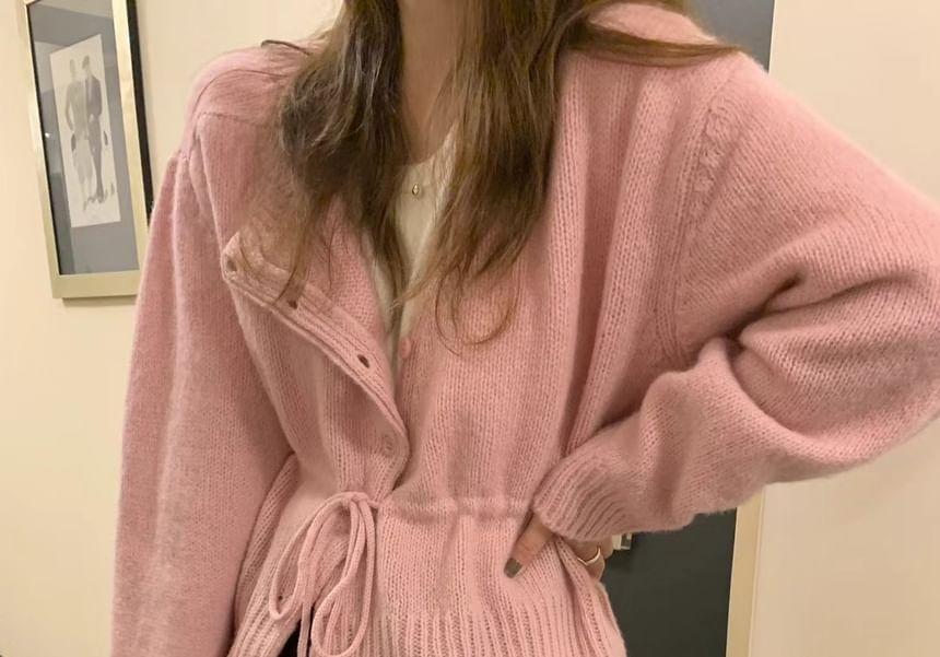 Round Neck Plain Drawstring Waist Cardigan Product Image