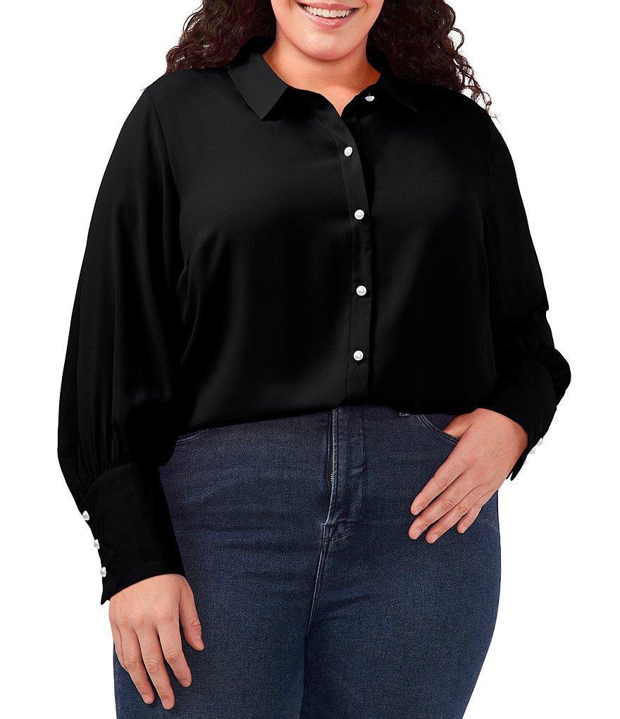 CeCe Plus Size Heavy Georgette Point Collar Long Sleeve Pearl Button Front Shirt Product Image