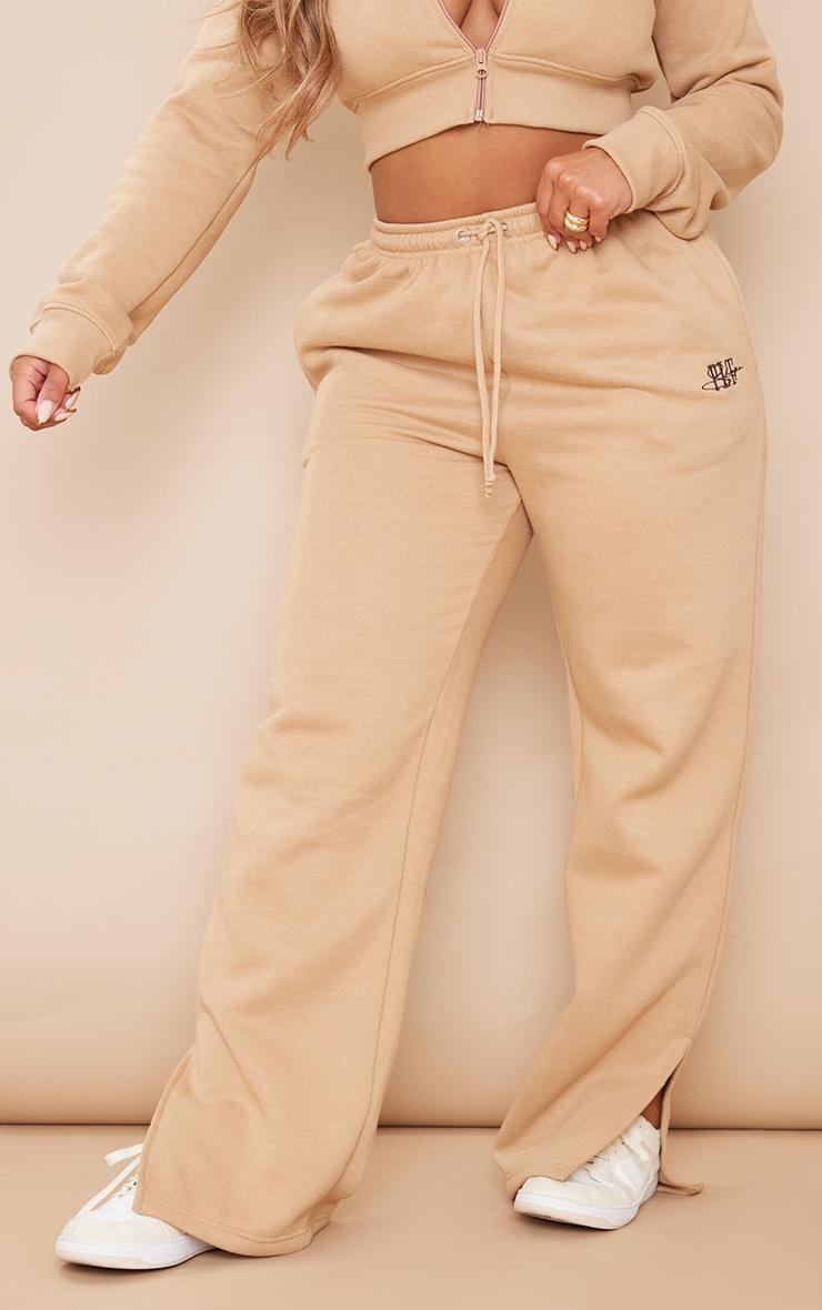 PRETTYLITTLETHING Shape Camel Embroidered High Waist Straight Leg Sweatpants Product Image