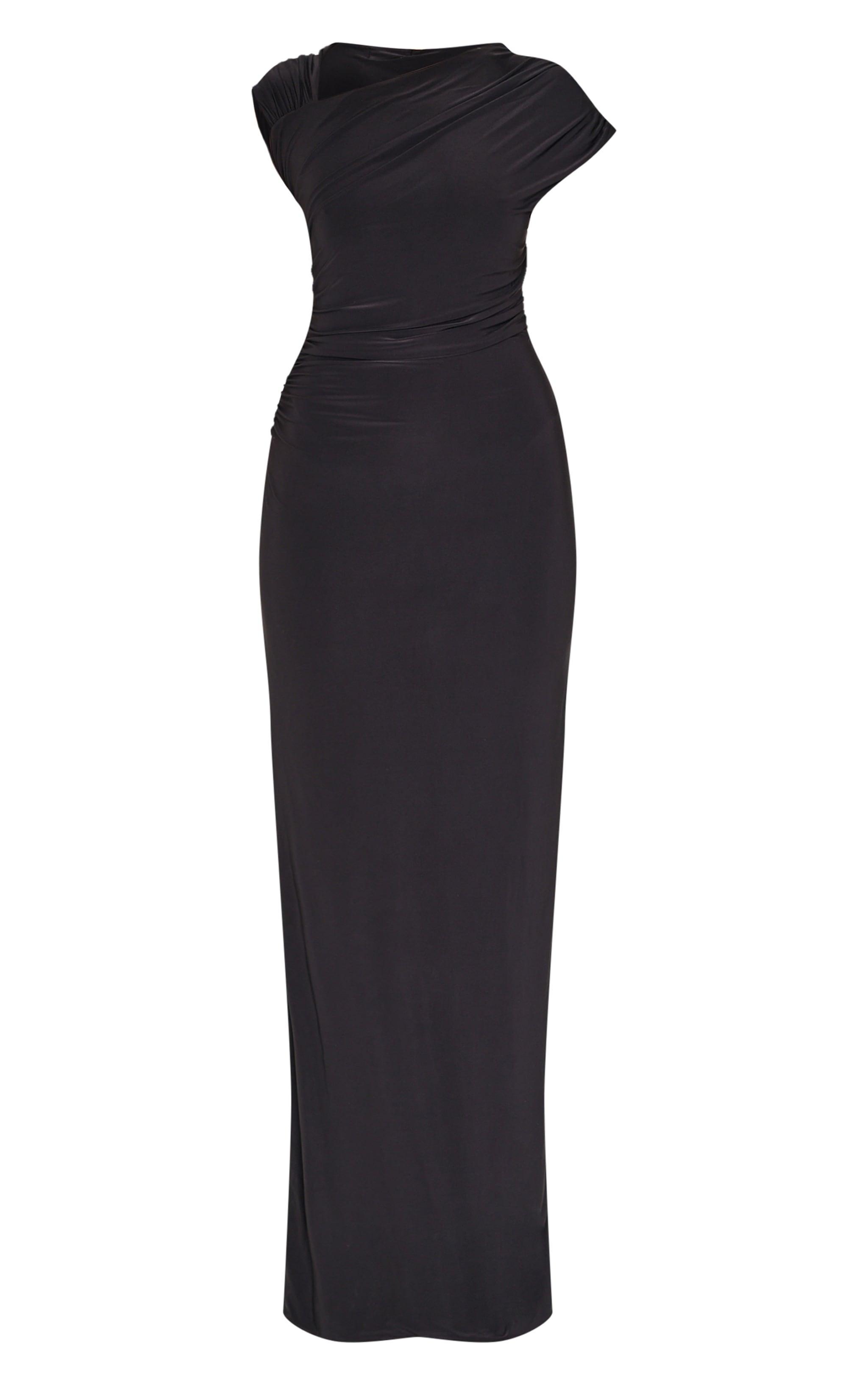 Black Double Layer Slinky Ruched Maxi Dress Product Image