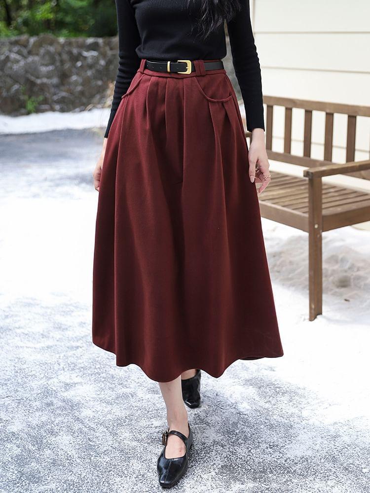 High Waist Plain Midi A-Line Pleated Skirt Product Image