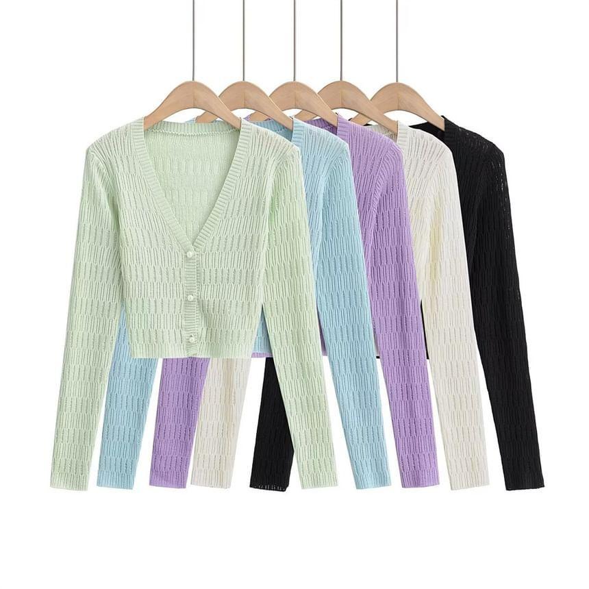 V-Neck Plain Shirred Faux Pearl Crop Button-Up Cardigan Product Image