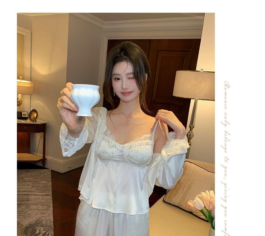 Pajama Set: Plain Lace Trim Camisole Top + Shirt + Ruffle Pants Product Image