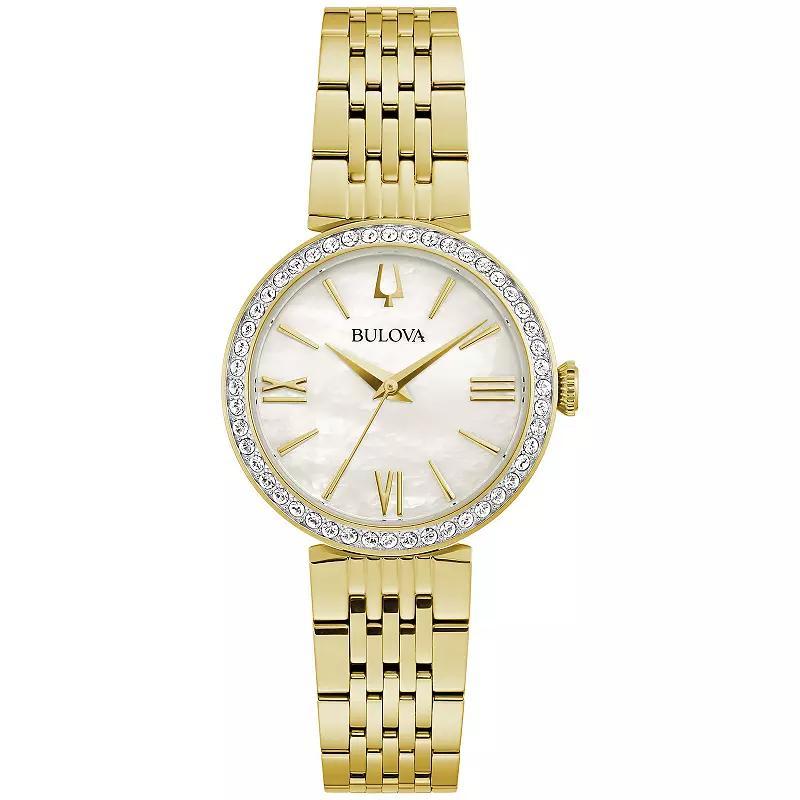 Bulova Womens Gold Tone Stainless Steel Mother of Pearl Crystal Accent Bracelet Watch - 98L276 Product Image