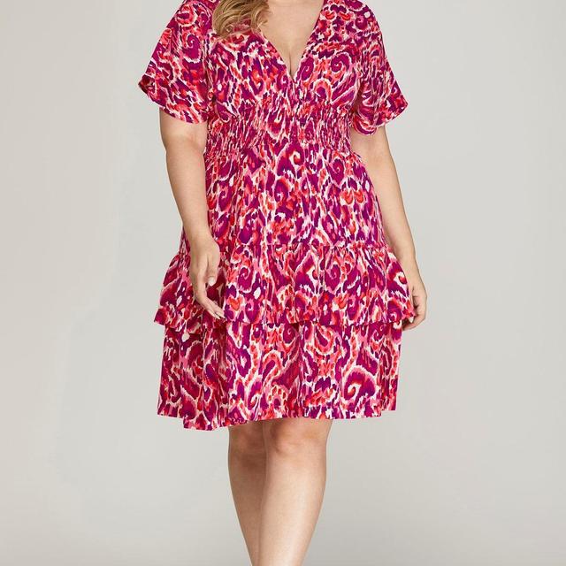 Drop Shoulder Short Sleeve Woven Print Dress Product Image