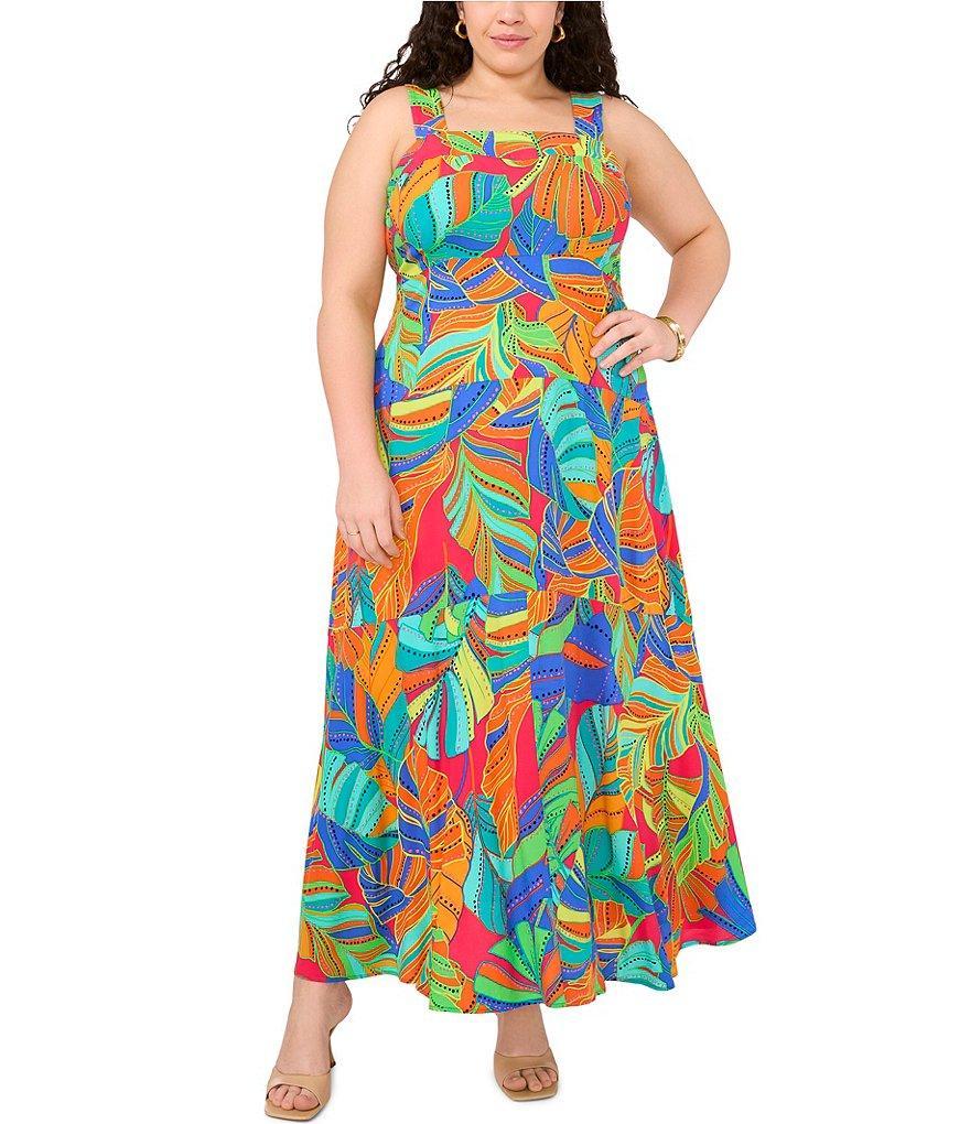 Vince Camuto Size Plus Square Neck Tropical Palm Sleeveless Maxi Dress Product Image