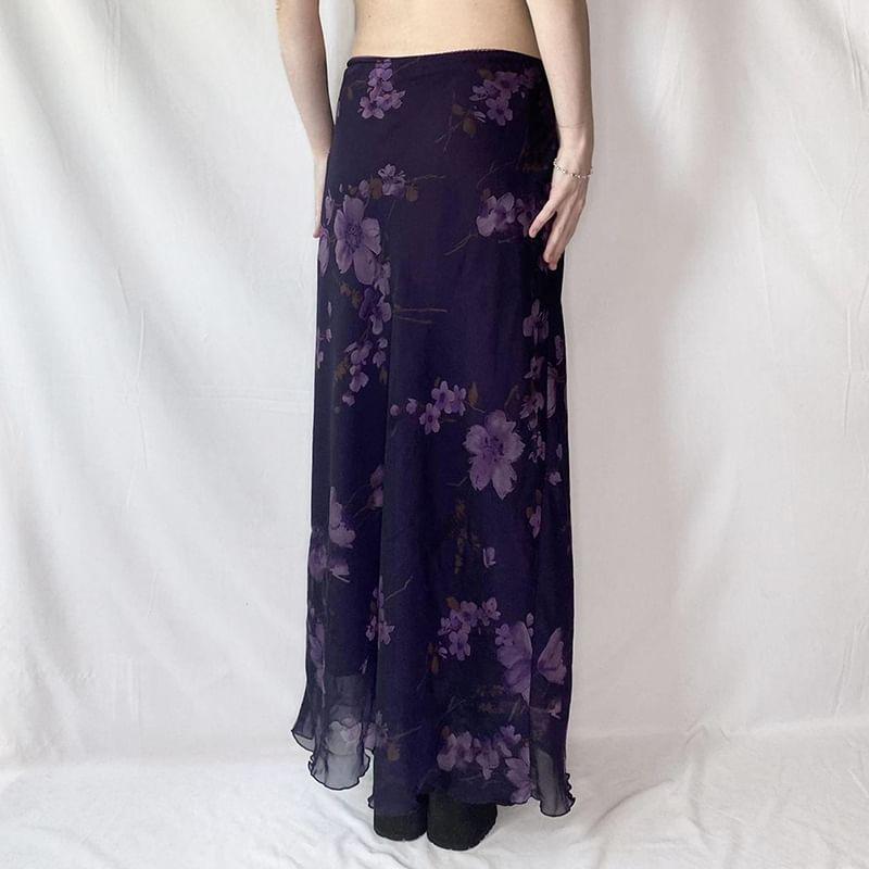 Low Waist Floral Print Mesh Midi A-Line Skirt product image