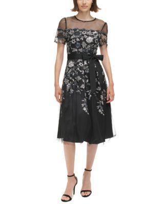 Petite Embroidered Illusion Fit & Flare Dress Product Image