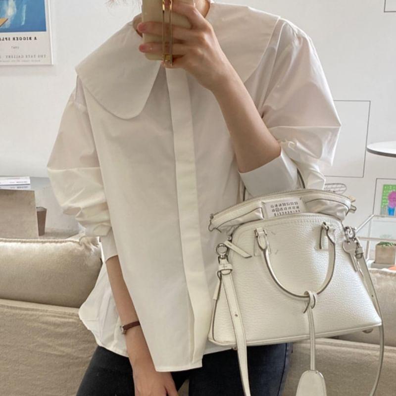 Long-Sleeve Button-Up Plain Babydoll Blouse Product Image