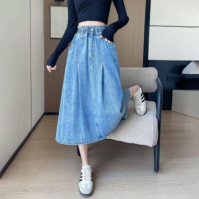 Elastic Waist Washed Denim Midi A-Line Skirt Product Image