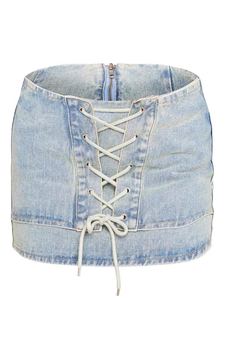 Vintage Mid Wash Lace Front Denim Mini Skirt Product Image