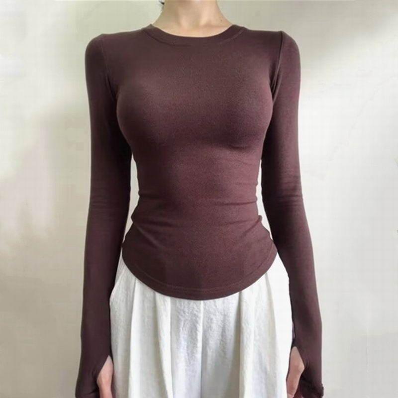 Long-Sleeve Round Neck Plain Slim Fit Tee Product Image