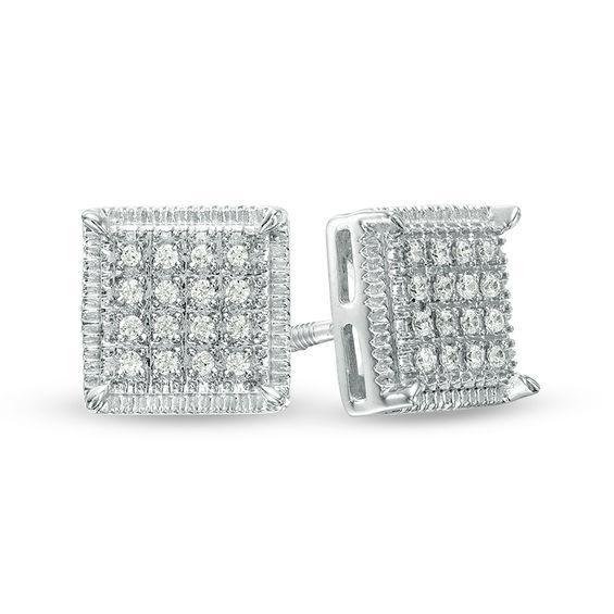 Men's 1/8 CT. T.w. Square-Shaped Multi-Diamond Textured Frame Stud Earrings in Sterling Silver Product Image