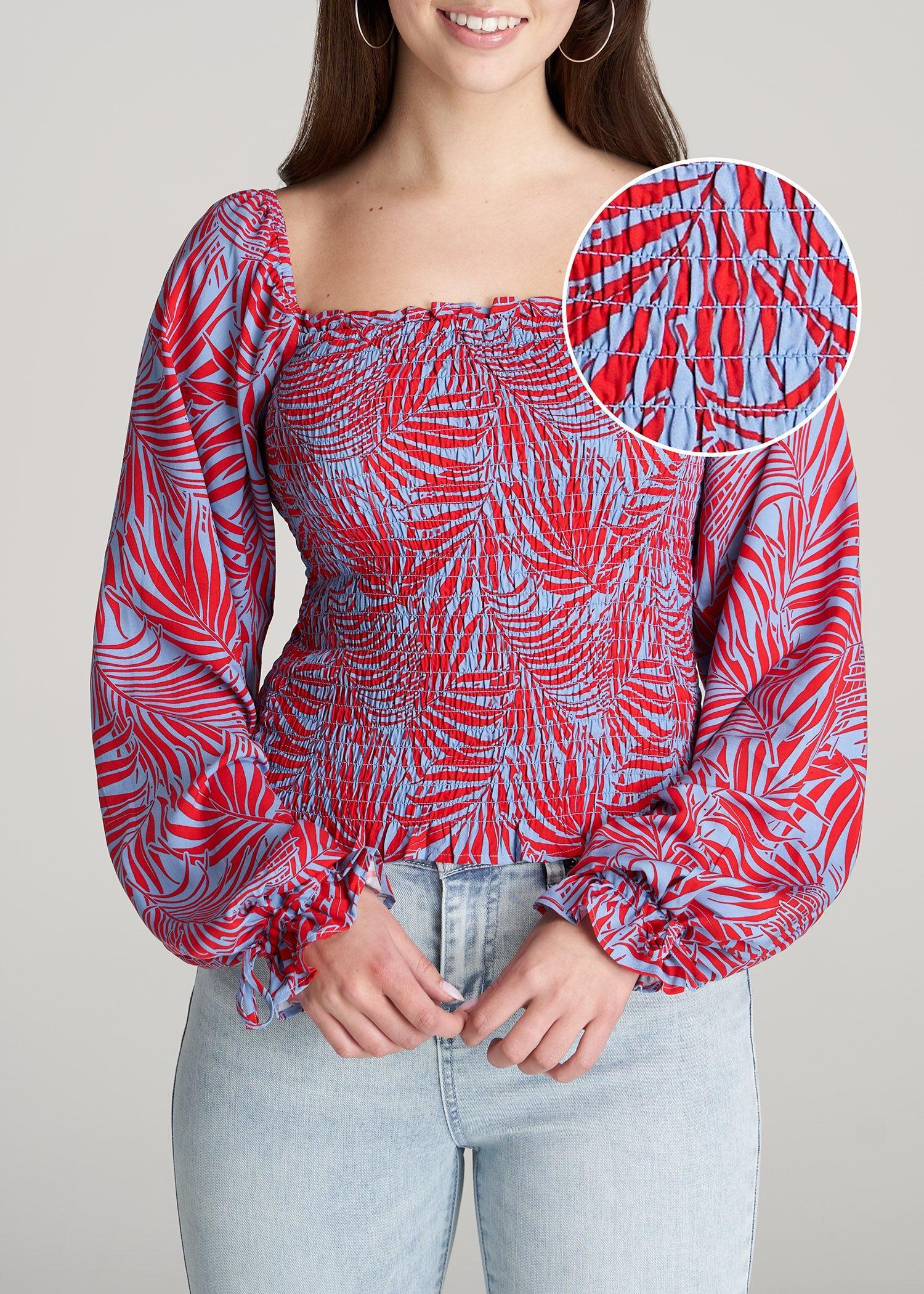 Women's Tall Balloon Sleeve Smocked Blouse in Red & Blue Tropical Print Product Image