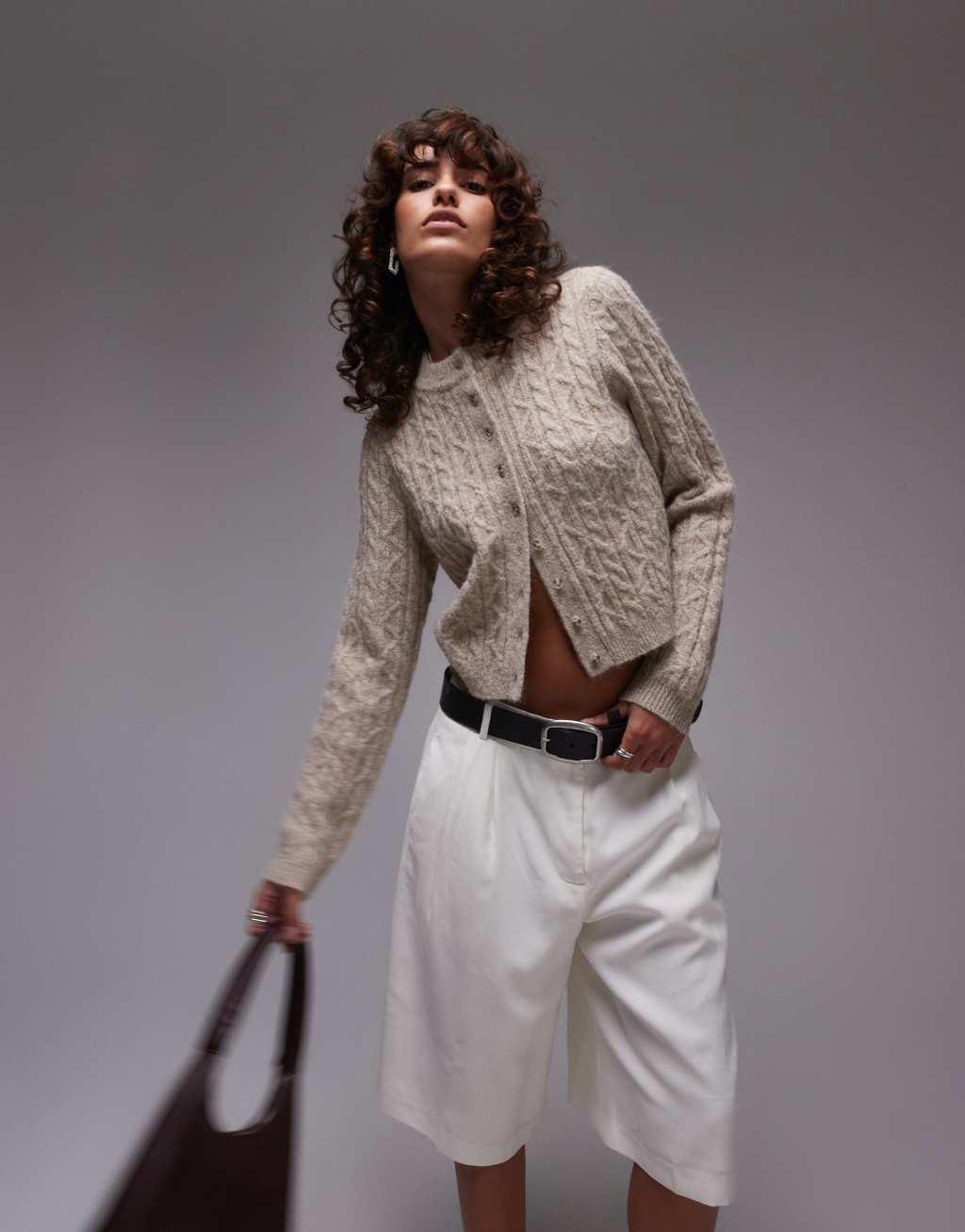 Topshop knit cable micro cardigan in oat Product Image