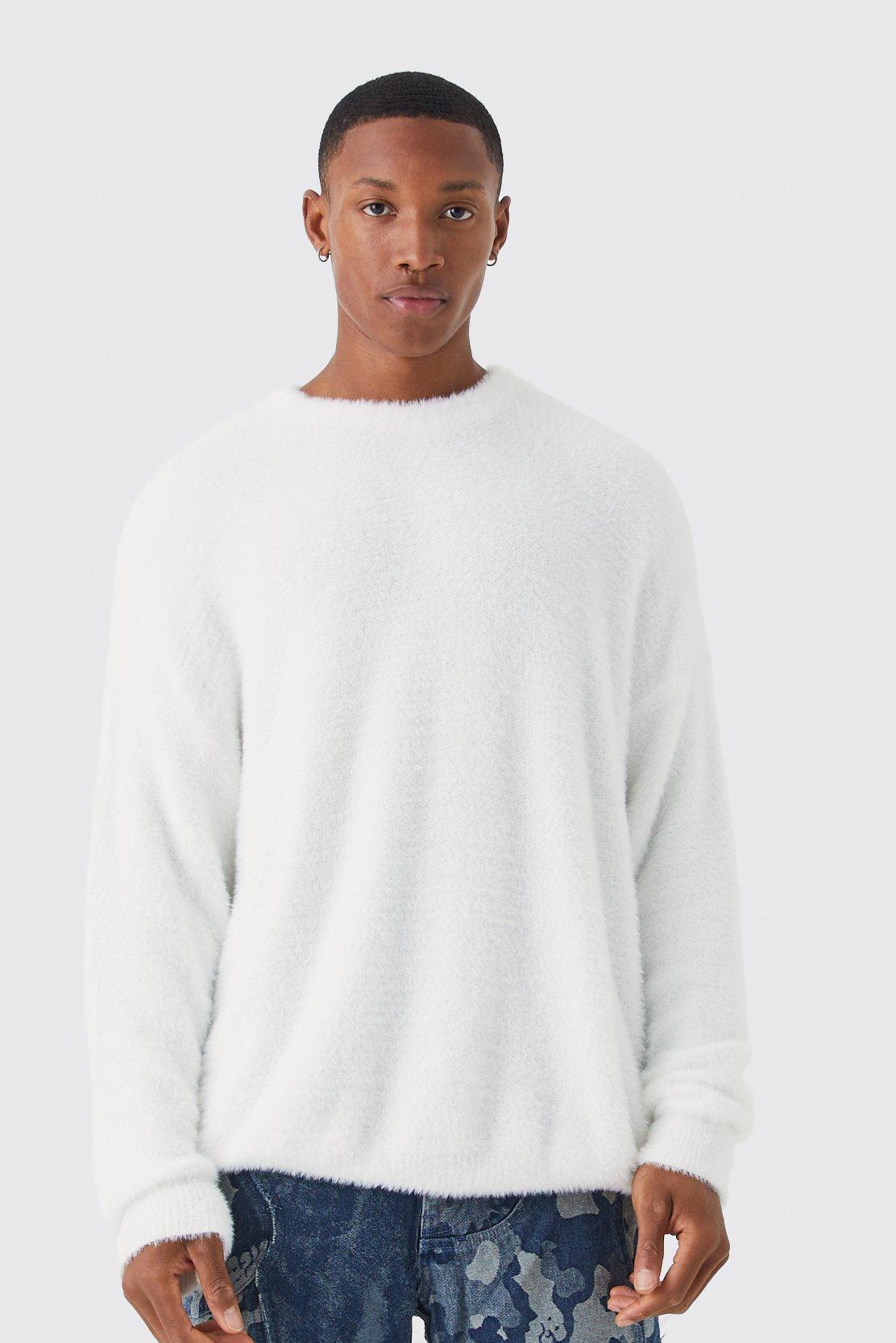 Mens Cream Oversized Crew Neck Fluffy Knitted Jumper, Cream Product Image