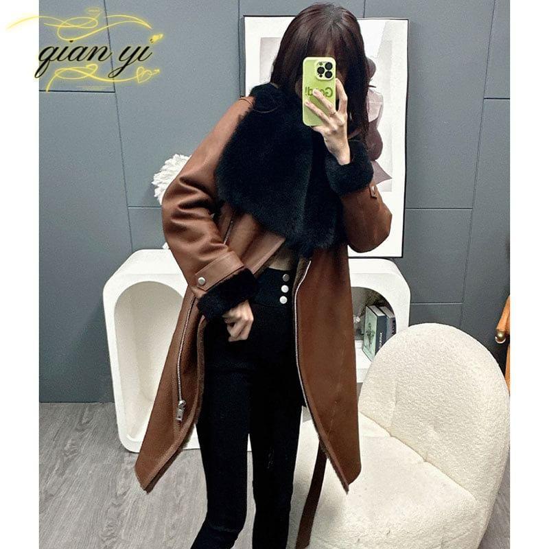 Fleece Collar Asymmetrical Faux Leather Zip Coat Product Image