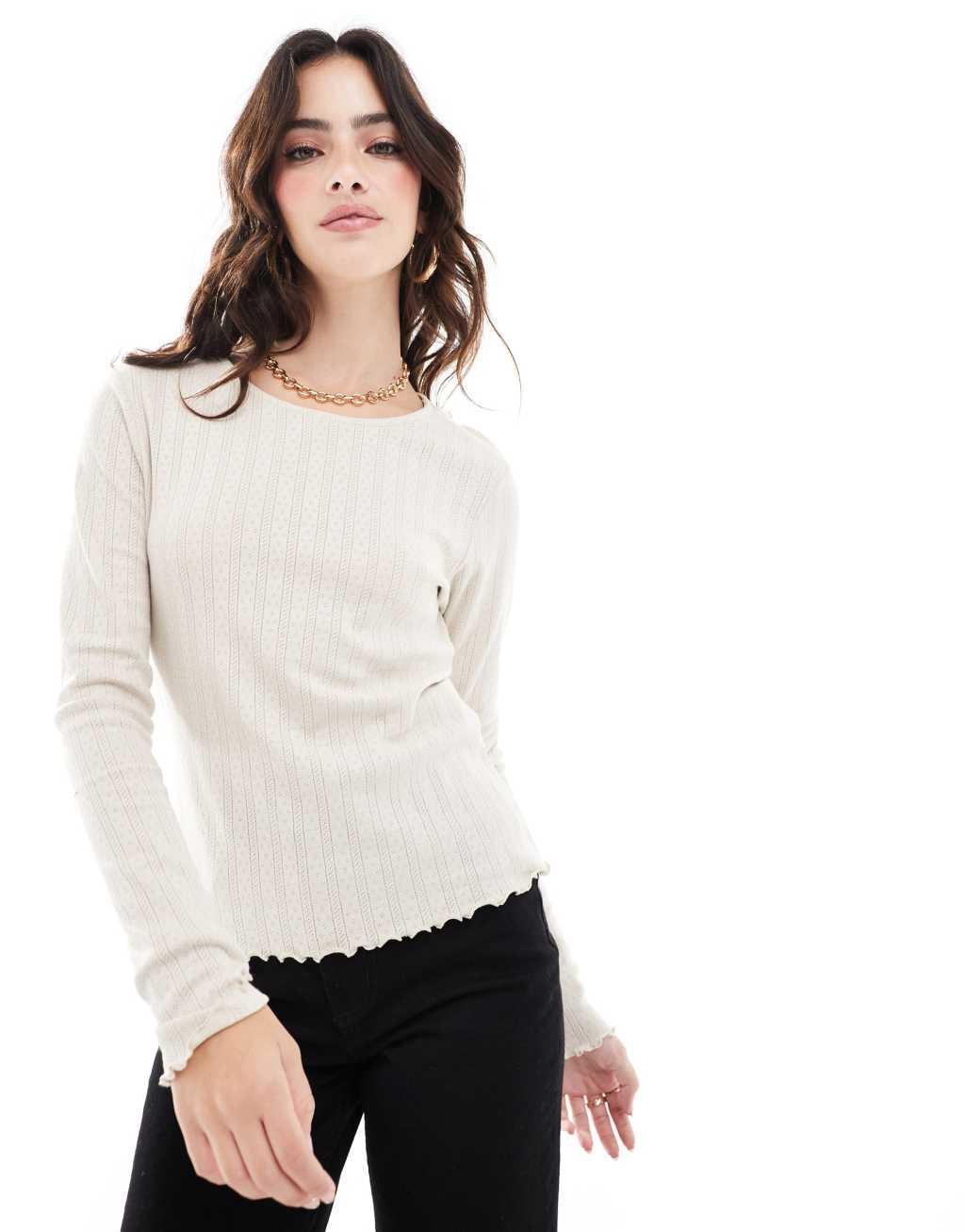 ONLY long sleeve lettuce hem top with pointelle in stone Product Image