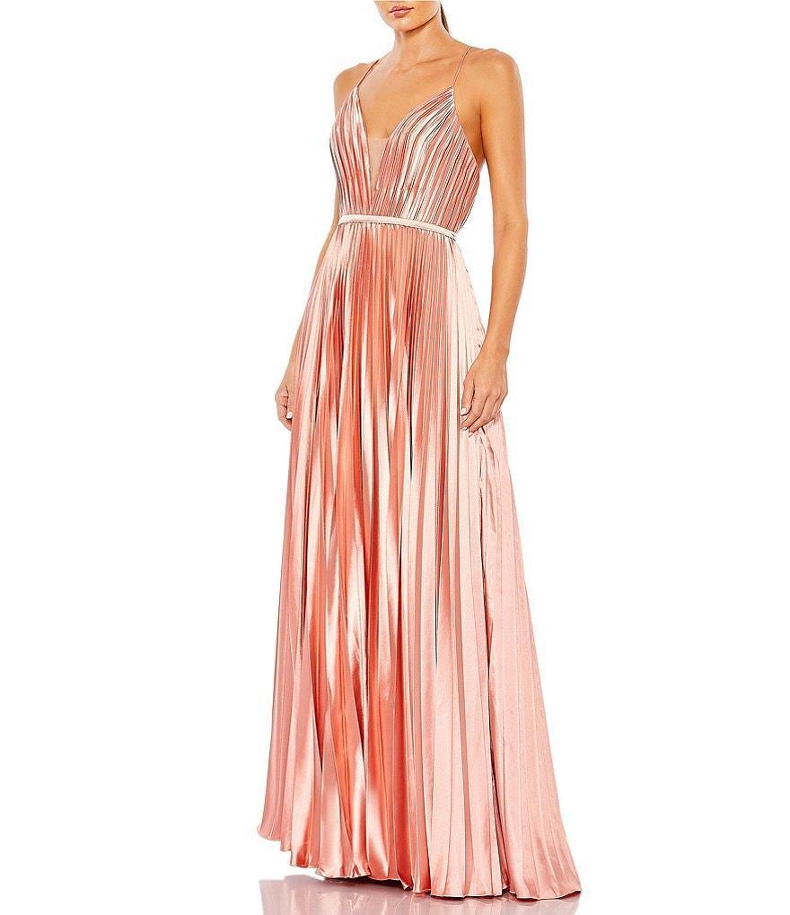 Mac Duggal Pleated Satin Plunge V-Neck Sleeveless Open Back Detail A-Line Gown Product Image