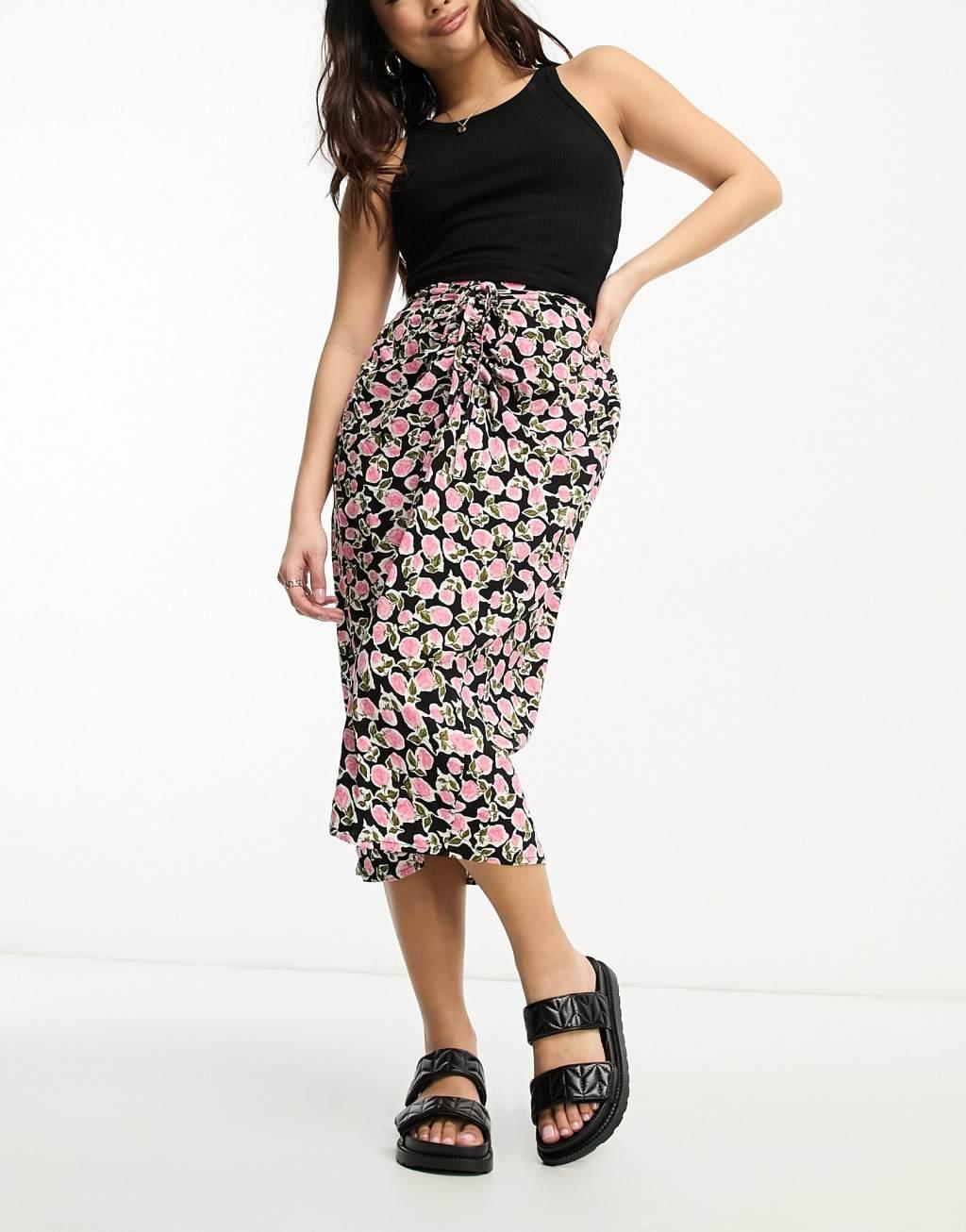 Miss Selfridge Petite ruched front midi skirt in black rose  Product Image