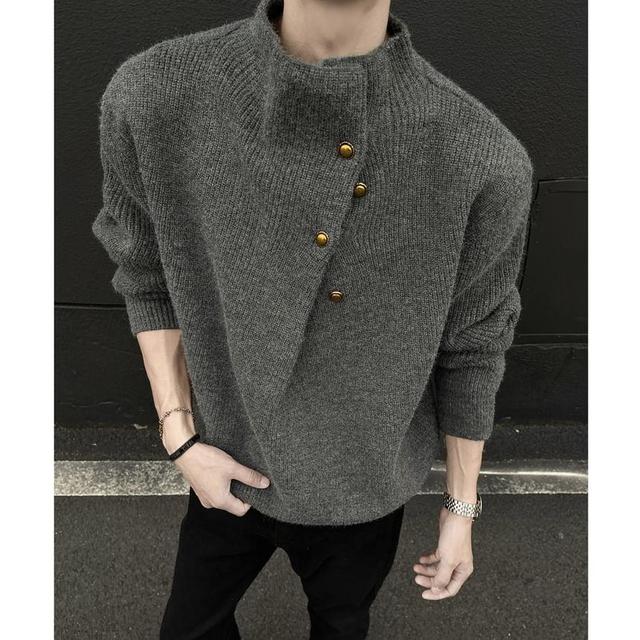 Stand Collar Plain Asymmetrical Buttoned Sweater Product Image