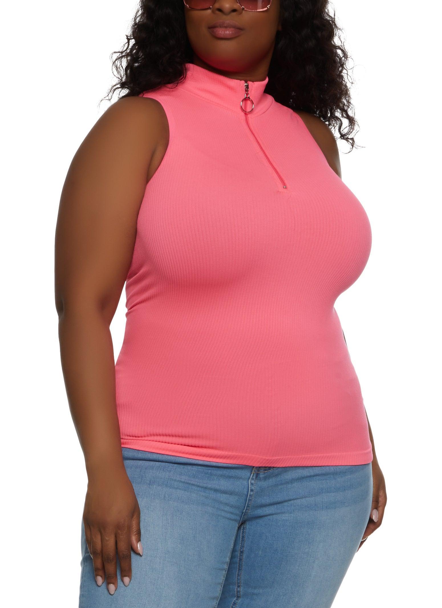 Womens Plus Size Ribbed Sleeveless Zip Neck Top Product Image