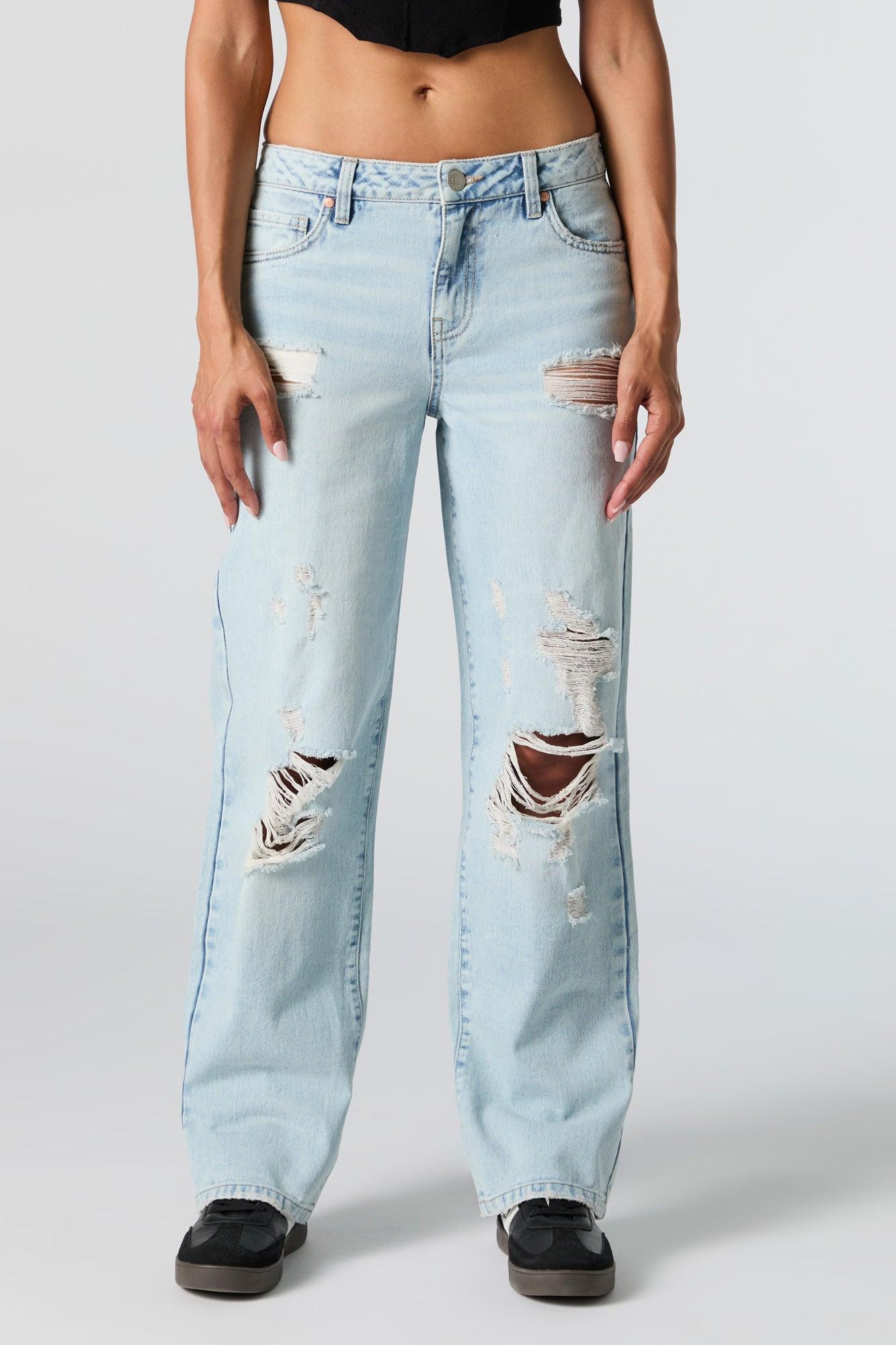 Light Wash Distressed Slouchy Straight Leg Jean Female Product Image