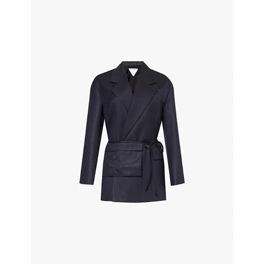 Womens Black Blue Melange Patch-pocket Double-breasted Wool Blazer Product Image