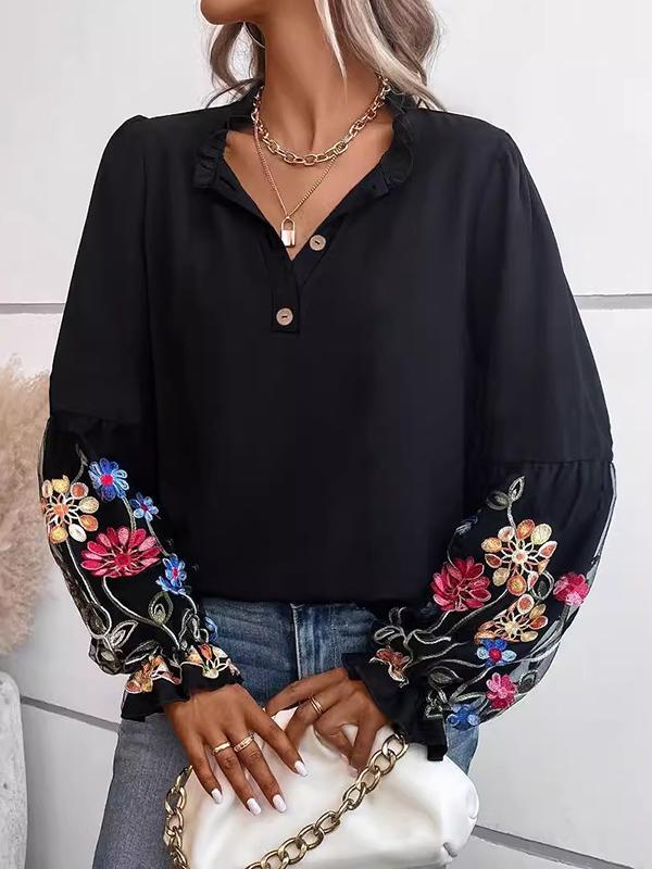 Loose Puff Sleeves Flower-Embellished Elasticity Pleated Split-Joint V-Neck Blouses&Shirts Tops Product Image