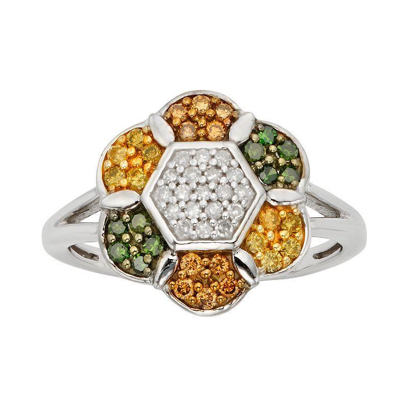 Jewelexcess Sterling Silver 1/2-ct. T.W. Green, Yellow, Champagne and White Diamond Flower Ring, Womens Multicolor Product Image