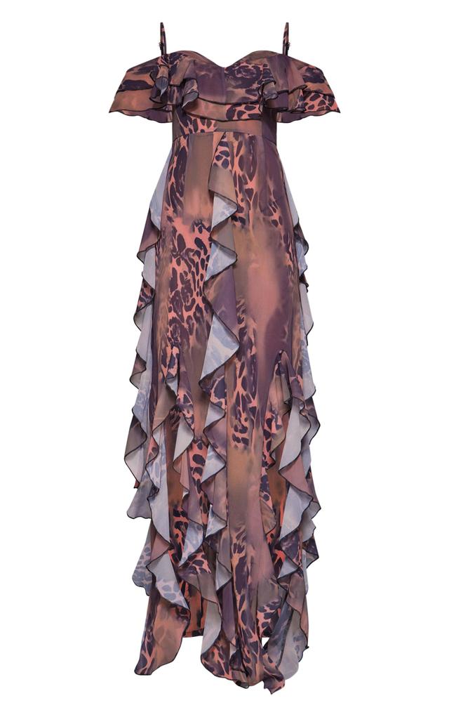 Brown Animal Print Cold Shoulder Ruffle Detail Maxi Dress Product Image