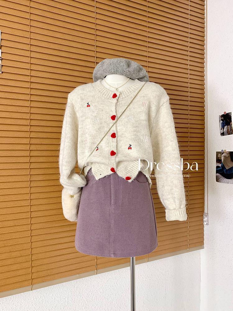 Round Neck Cherry Embroidered Heart Button Cardigan Product Image