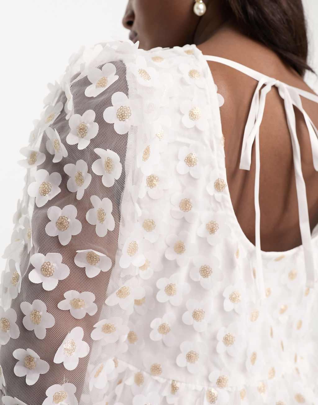 Pieces Bride To Be sheer puff sleeve mini smock dress with 3D flowers in white Product Image