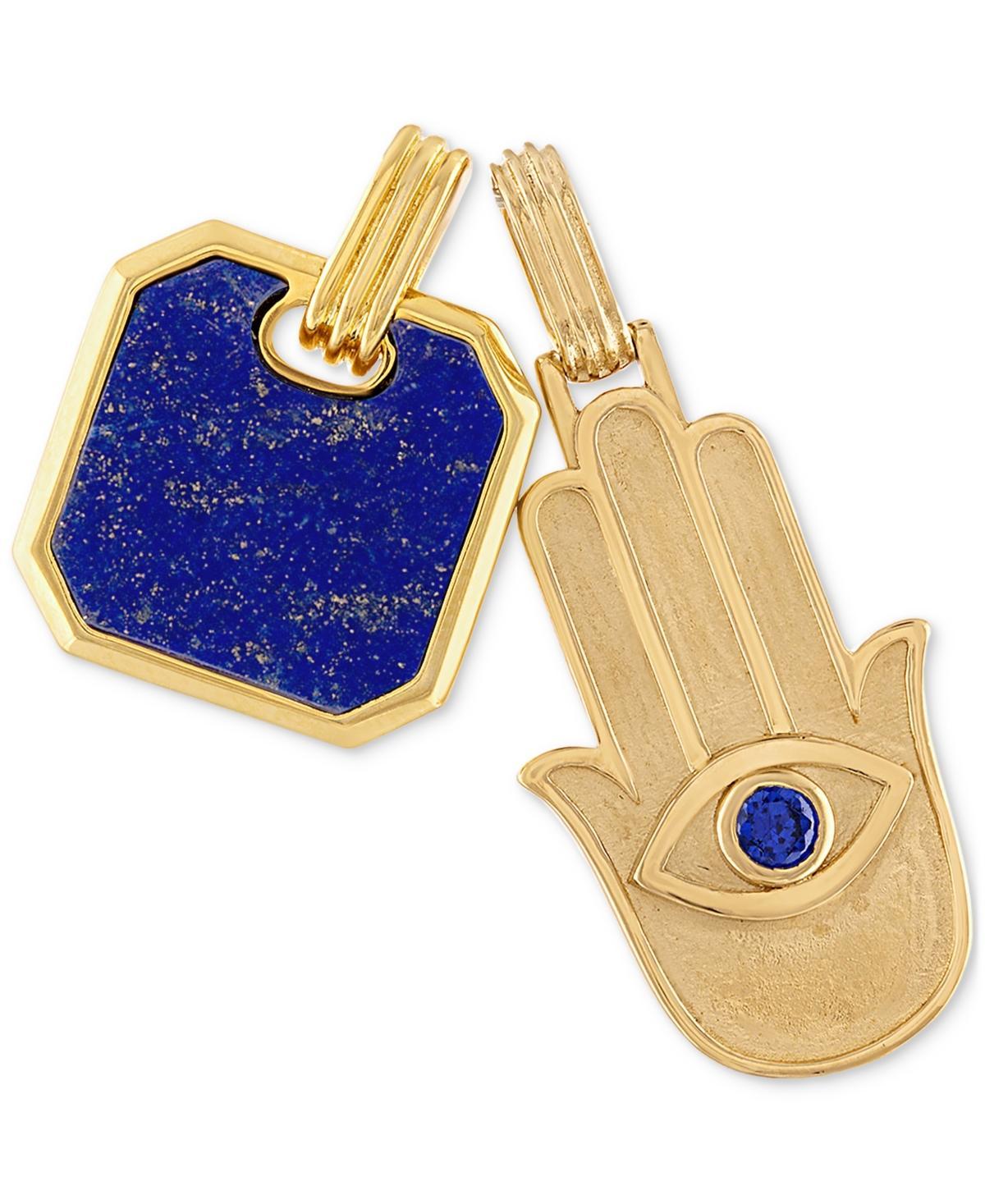 Esquire Mens Jewelry 2-Pc. Set Lapis Lazuli & Cubic Zirconia Dog Tag & Hamsa Hand Amulet Pendants in 14k Gold-Plated Sterling Silver, Created for Mac Product Image