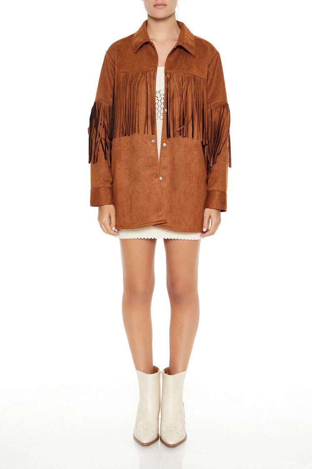 Faux Suede Fringe-Trim Shacket | Forever 21 Product Image