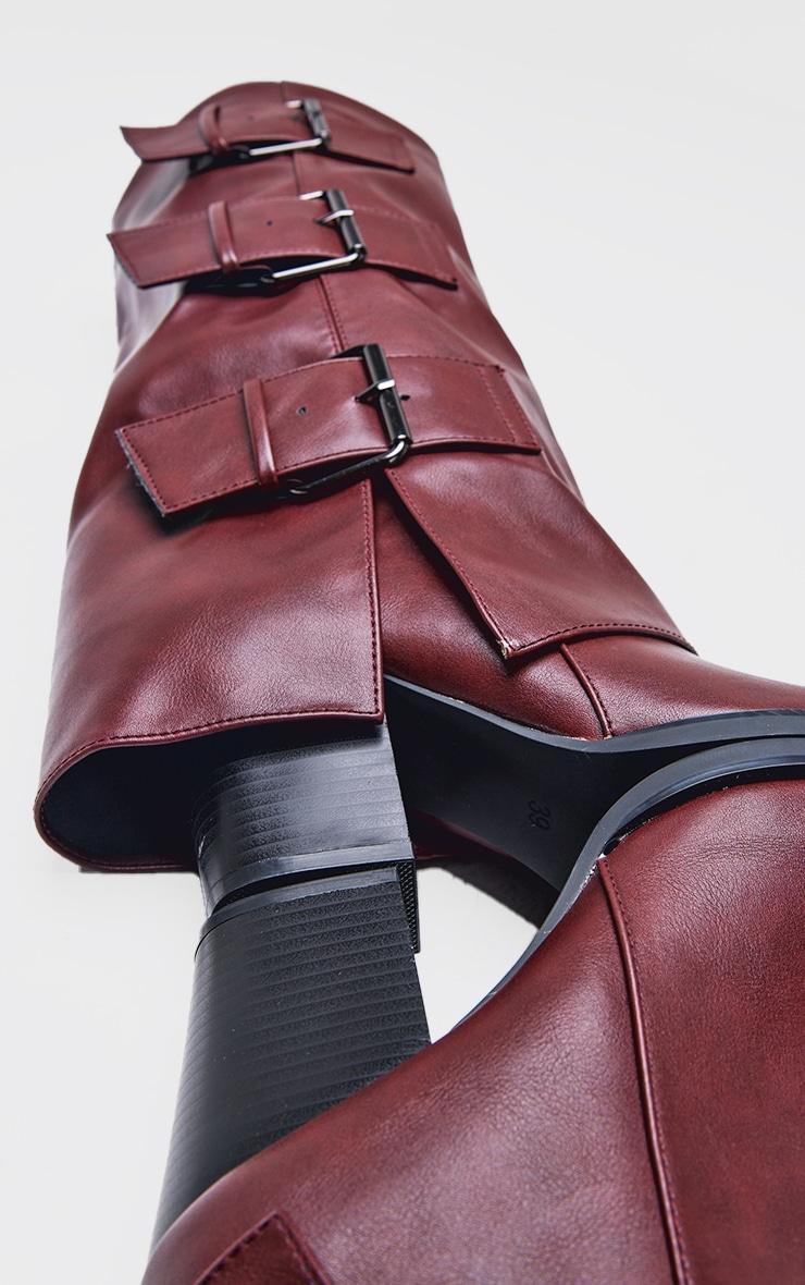 Burgundy Pu Point Toe Fold Over Triple Buckle Low Heeled Knee High Boots Product Image