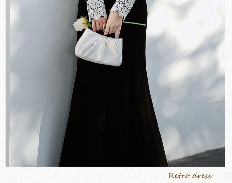 Long-Sleeve Mock Neck Velvet Panel Maxi Mermaid Dress Product Image