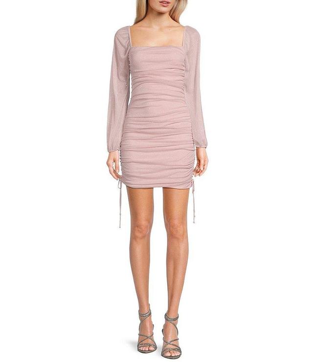 Jump Glitter Square Neck Ruched Long Sleeves With Ties At Hemline Dress Product Image