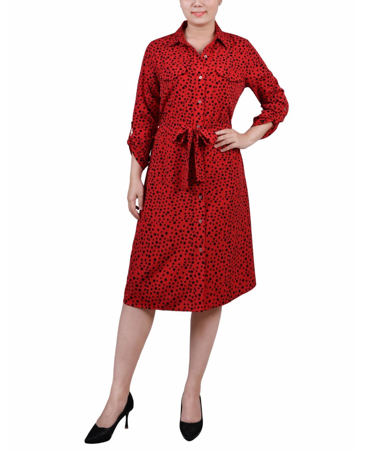 Ny Collection Petite Geometric Printed Long Sleeve Roll Tab Shirtdress Product Image