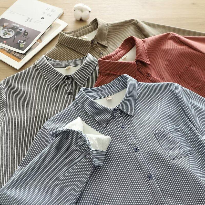 Fleece-Lined Striped Button-Up Shirt Product Image