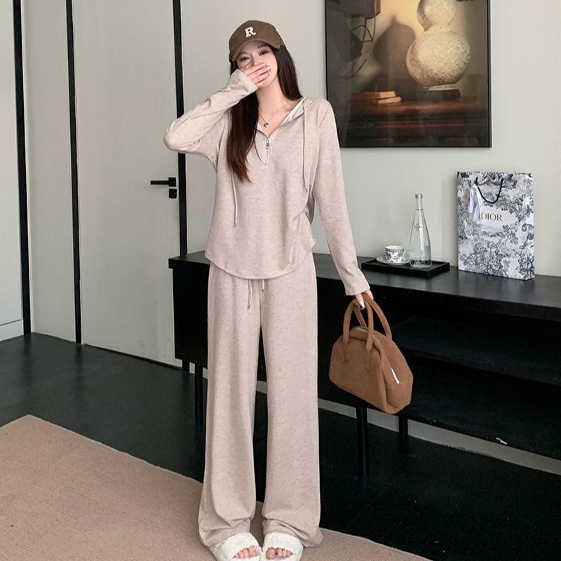 Set: Long-Sleeve Hooded Half Zip Plain Tee + Drawstring Waist Plain Wide Leg Pants Product Image