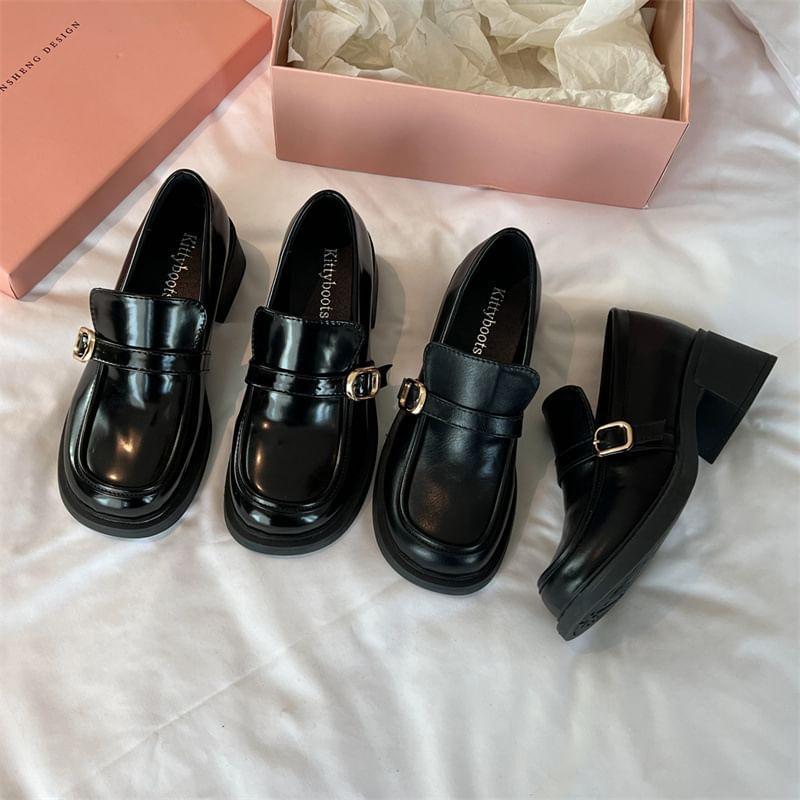 Chunky Heel Plain Buckled Faux Leather Loafers Product Image