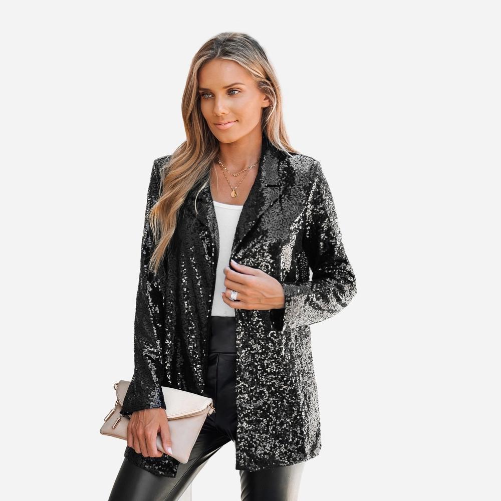 Women's Starlight Sequin Open-Front Blazer - Cupshe-S-Black Product Image