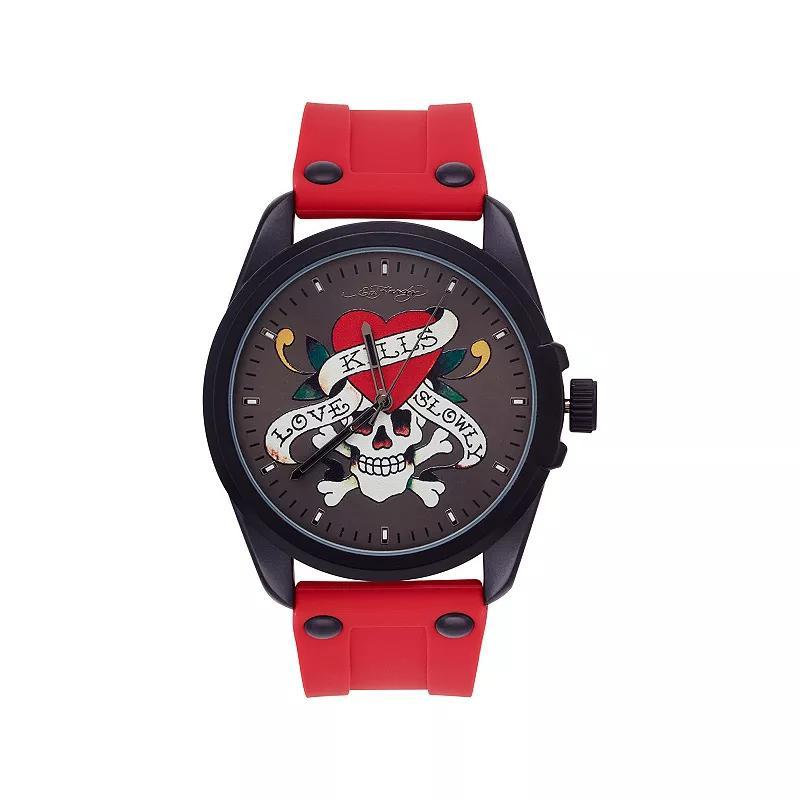 Ed Hardy Mens Matte Red Silicone Strap Watch 46mm - Black Sunray, Matte Red Product Image